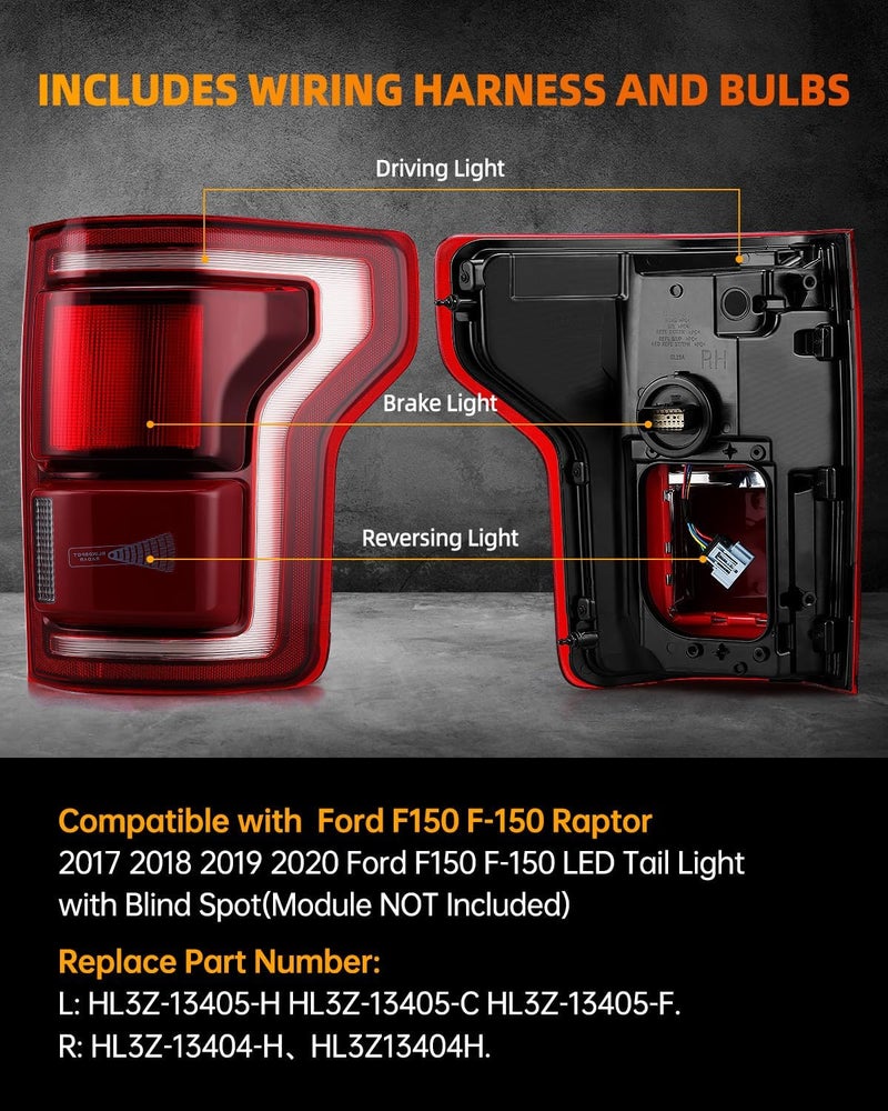 OKLPF LED Tail lights With Blind Spot Compatible With 2017 2018 2019 2020 Ford F150 F-150 Raptor Replacement HL3Z-13405-H,Rear Brake Lamp Signal Assembly,Right Passenger Side Taillights - Image 2